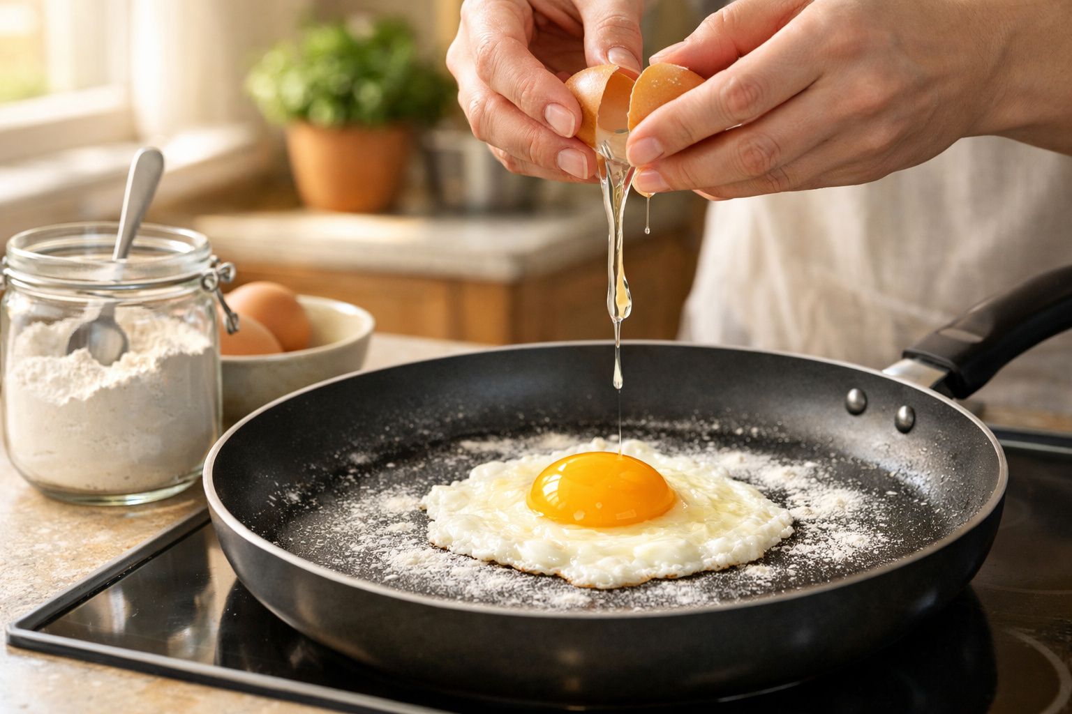 Ovos a serem partidos e fritos numa frigideira, com farinha e ovos ao fundo na cozinha.