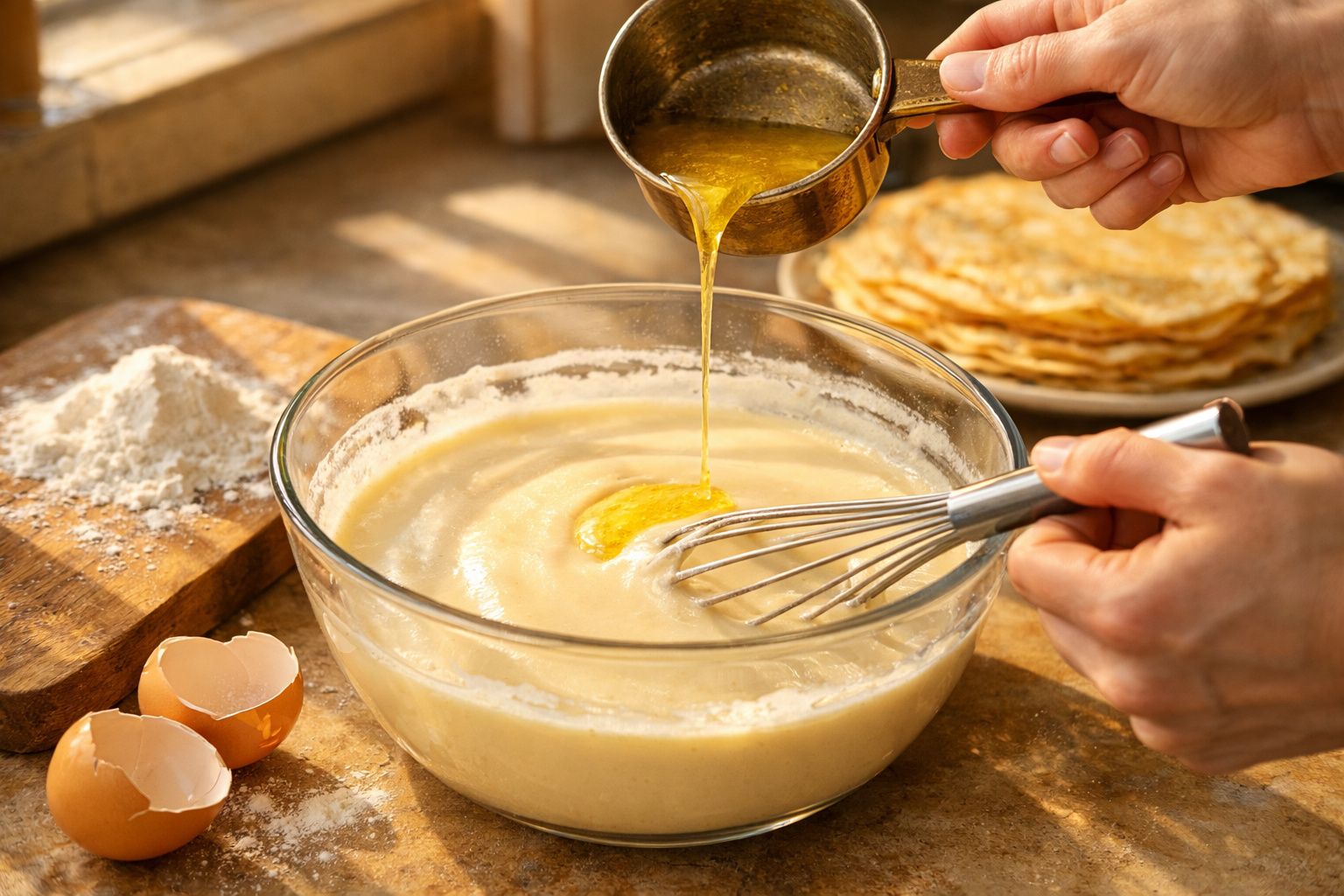 Mãos a misturar ingredientes numa tigela com farinha, ovos e massa para panquecas ao fundo.