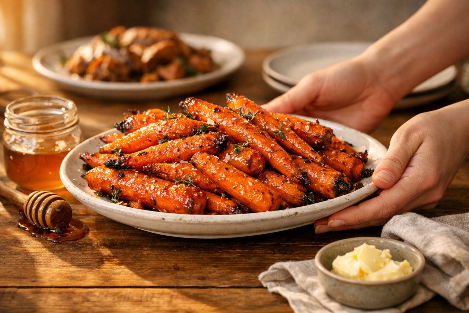 Prato de cenouras assadas com ervas e sementes, acompanhado de pote de mel e manteiga.