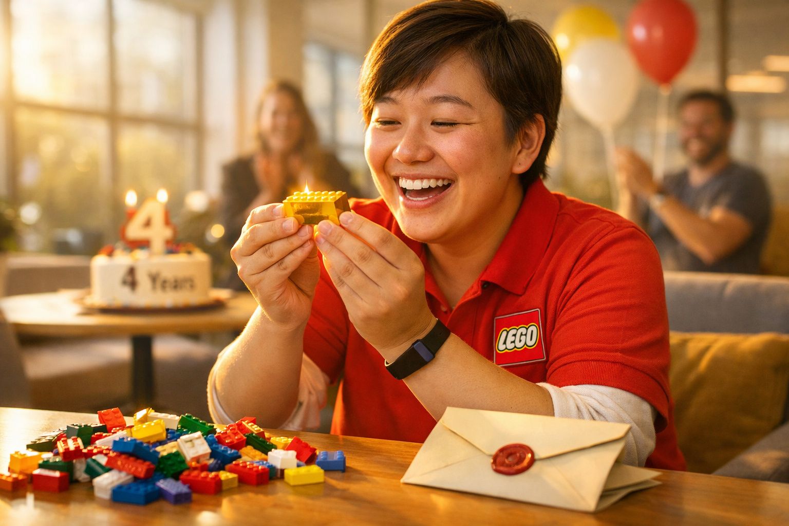 Pessoa a sorrir segurando uma criação de peças LEGO durante uma celebração de 4 anos.