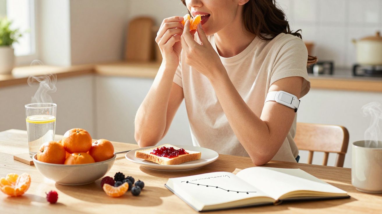 Mulher a comer uma tangerina numa cozinha com torrada, frutos vermelhos e bebida quente na mesa.
