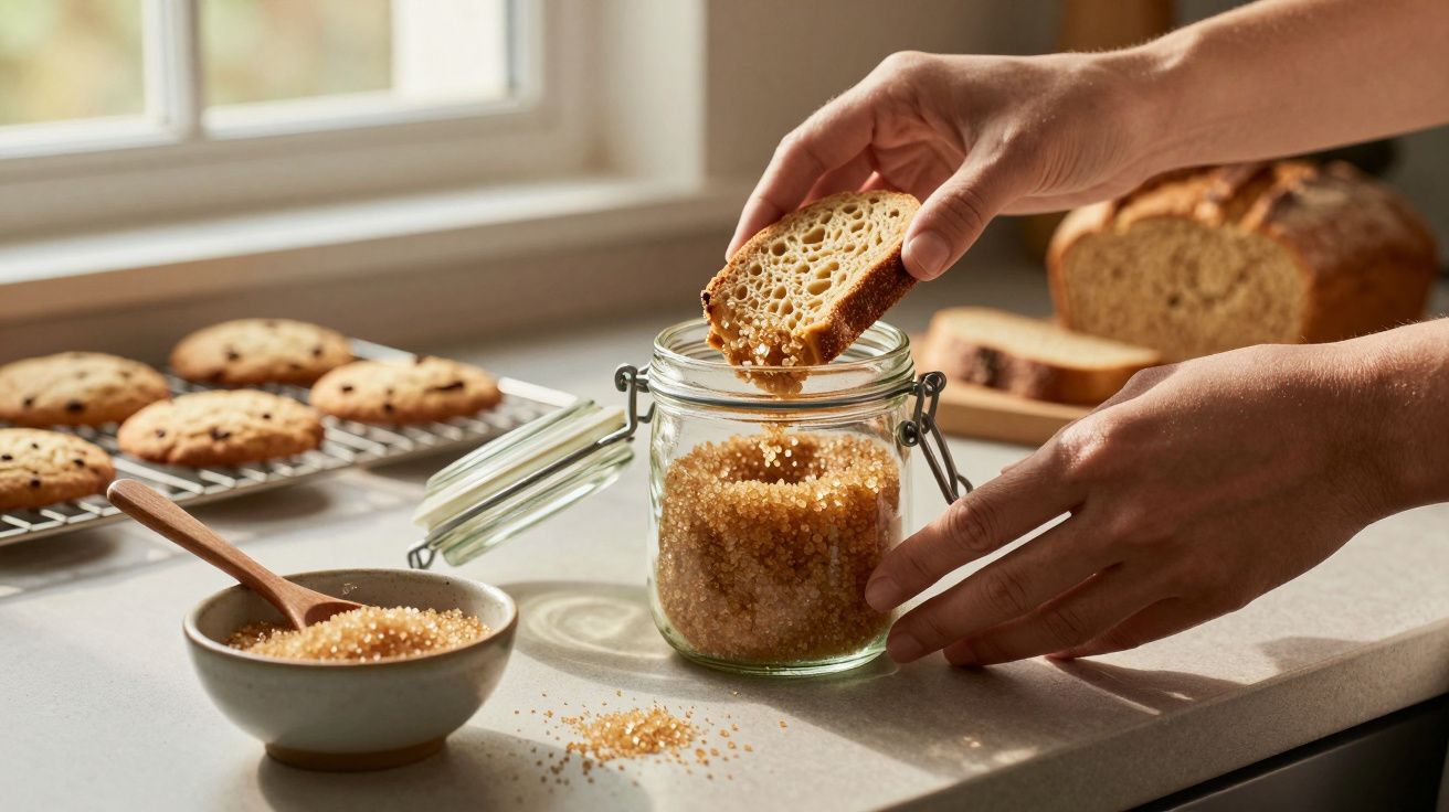 Mãos a mergulhar fatia de pão em frasco de açúcar mascavado numa cozinha com bolachas e pão ao fundo.