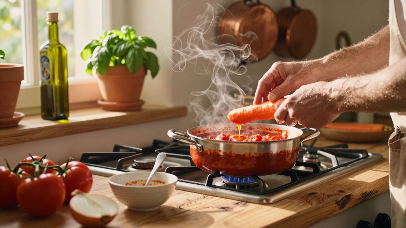 Pessoa a cozinhar molho de tomate com cenoura numa panela a ferver numa cozinha iluminada e acolhedora.