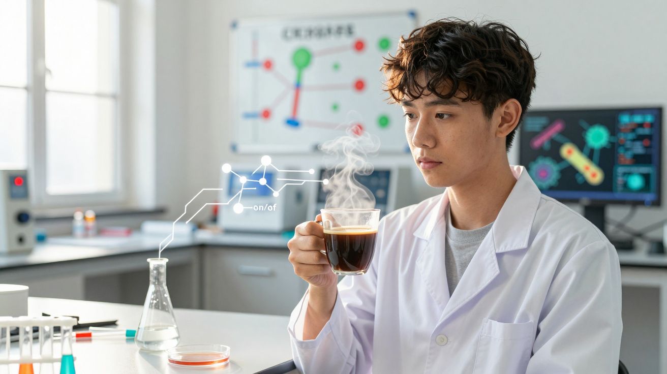 Cientista em laboratório a observar chá quente numa chávena transparente, com gráficos digitais sobrepostos.