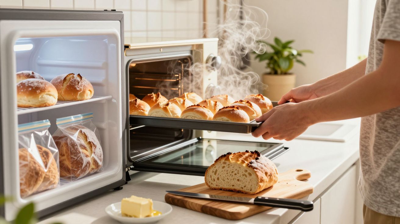 Pessoa a tirar pão quente do forno com pão cortado e manteiga numa tábua na cozinha.