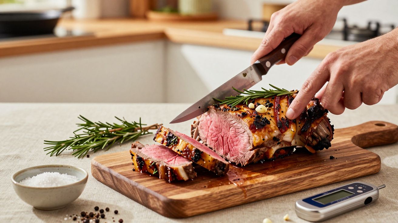 Pessoa a cortar carne assada rosada numa tábua de madeira com ramo de alecrim e utensílios na cozinha.