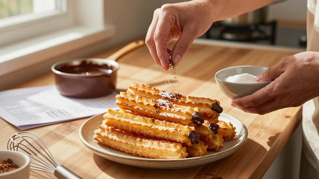 Pessoa polvilha açúcar em churros com pontas mergulhadas em chocolate, sobre prato numa cozinha iluminada.
