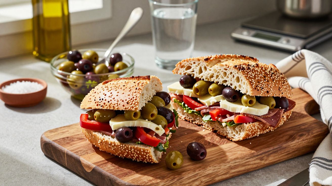 Sandes de pão com sementes, recheadas com queijo, azeitonas, tomate e fiambre, sobre tábua de madeira.