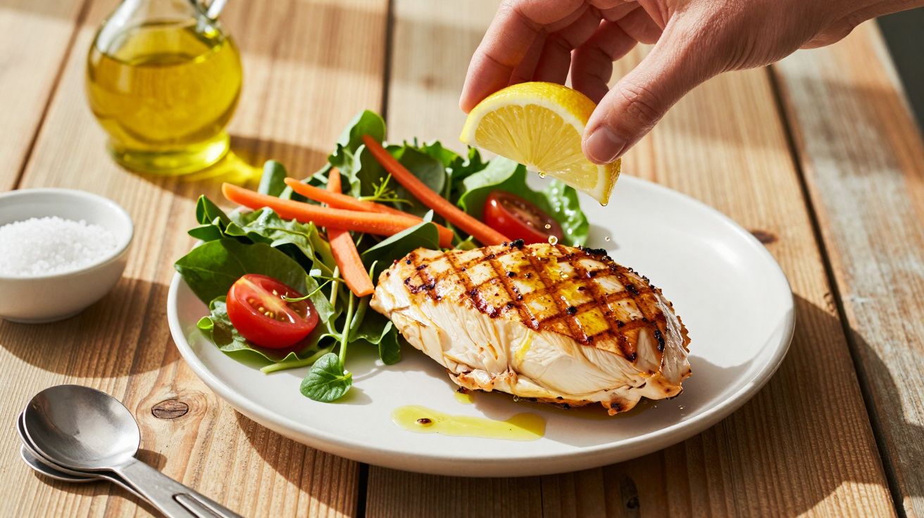 Prato com peito de frango grelhado, salada de folhas, tomate e cenoura, com mão a espremer limão.