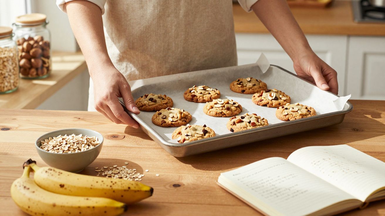 Pessoa segura tabuleiro com bolachas caseiras decoradas com flocos de aveia e frutos secos numa cozinha.