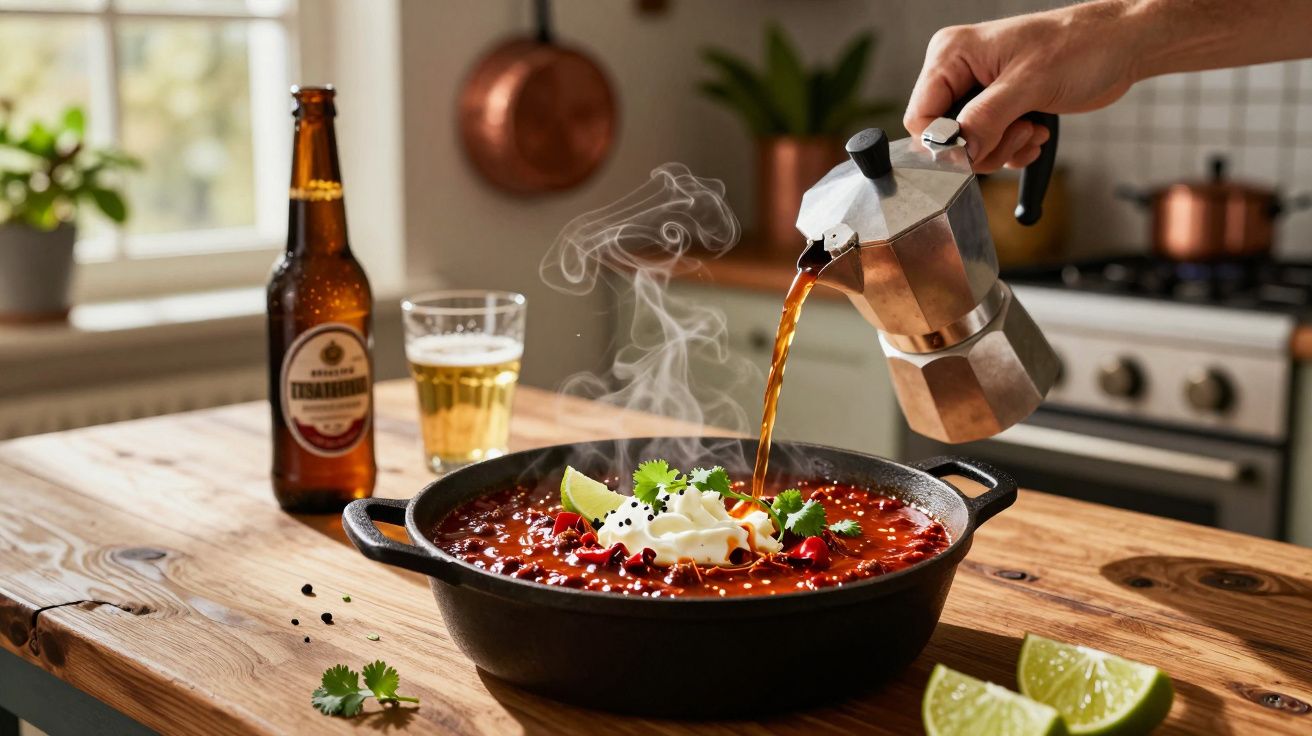 Pote de chili fumegante com coentros e limão, café a ser vertido, garrafa e copo de cerveja numa mesa de madeira.