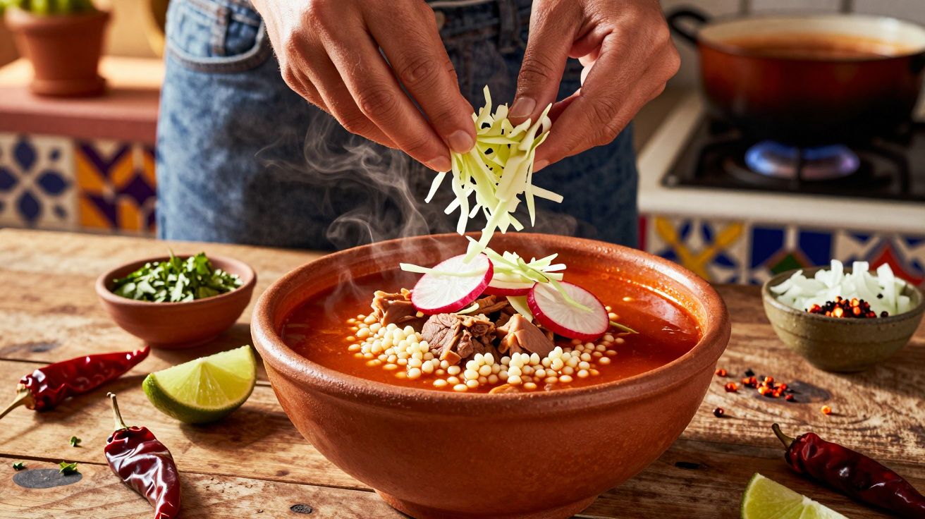 Pessoa a adicionar queijo ralado a uma sopa mexicana fumegante com carne e verduras num prato de barro.