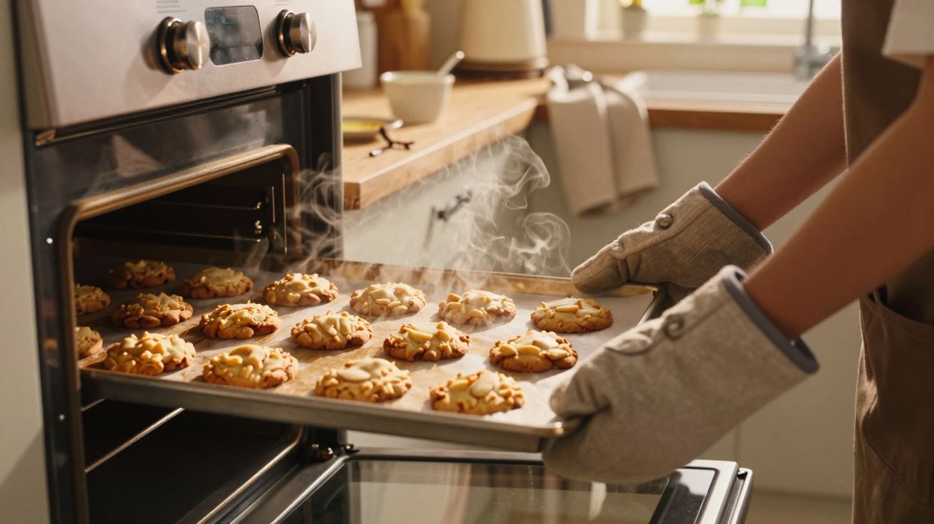 Pessoa a retirar do forno tabuleiro com biscoitos quentes e fumegantes, usando luvas de forno.