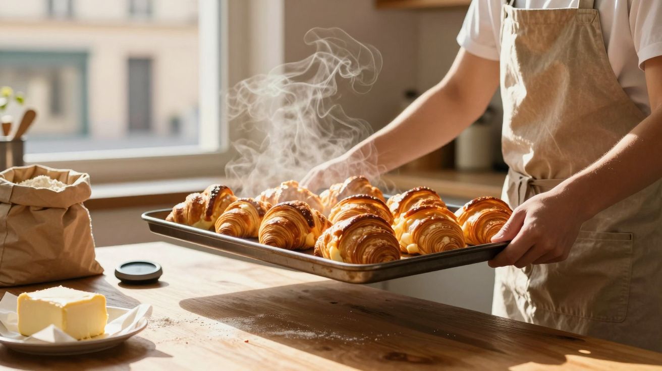 Pessoa a retirar tabuleiro com croissants quentes e a fumegar numa cozinha iluminada pelo sol.