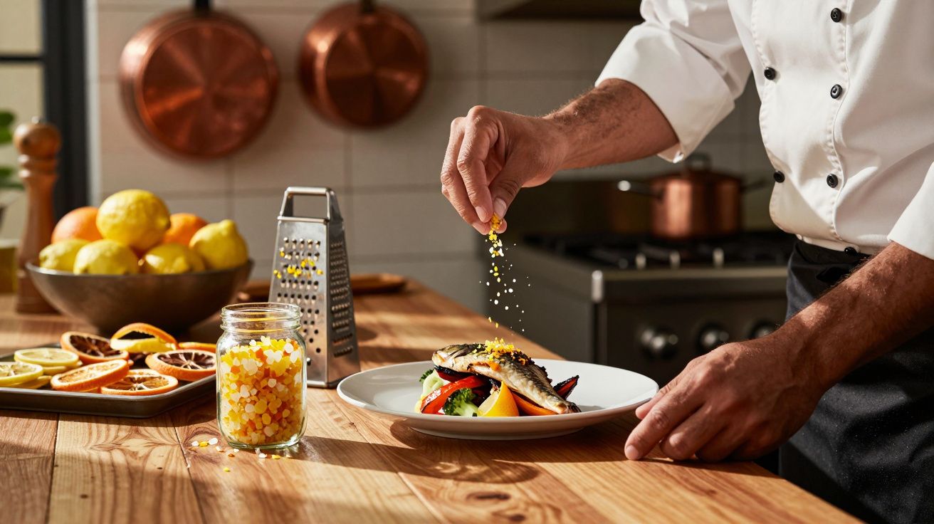 Chef a finalizar prato com peixe e legumes, polvilhando tempero amarelo numa cozinha profissional.