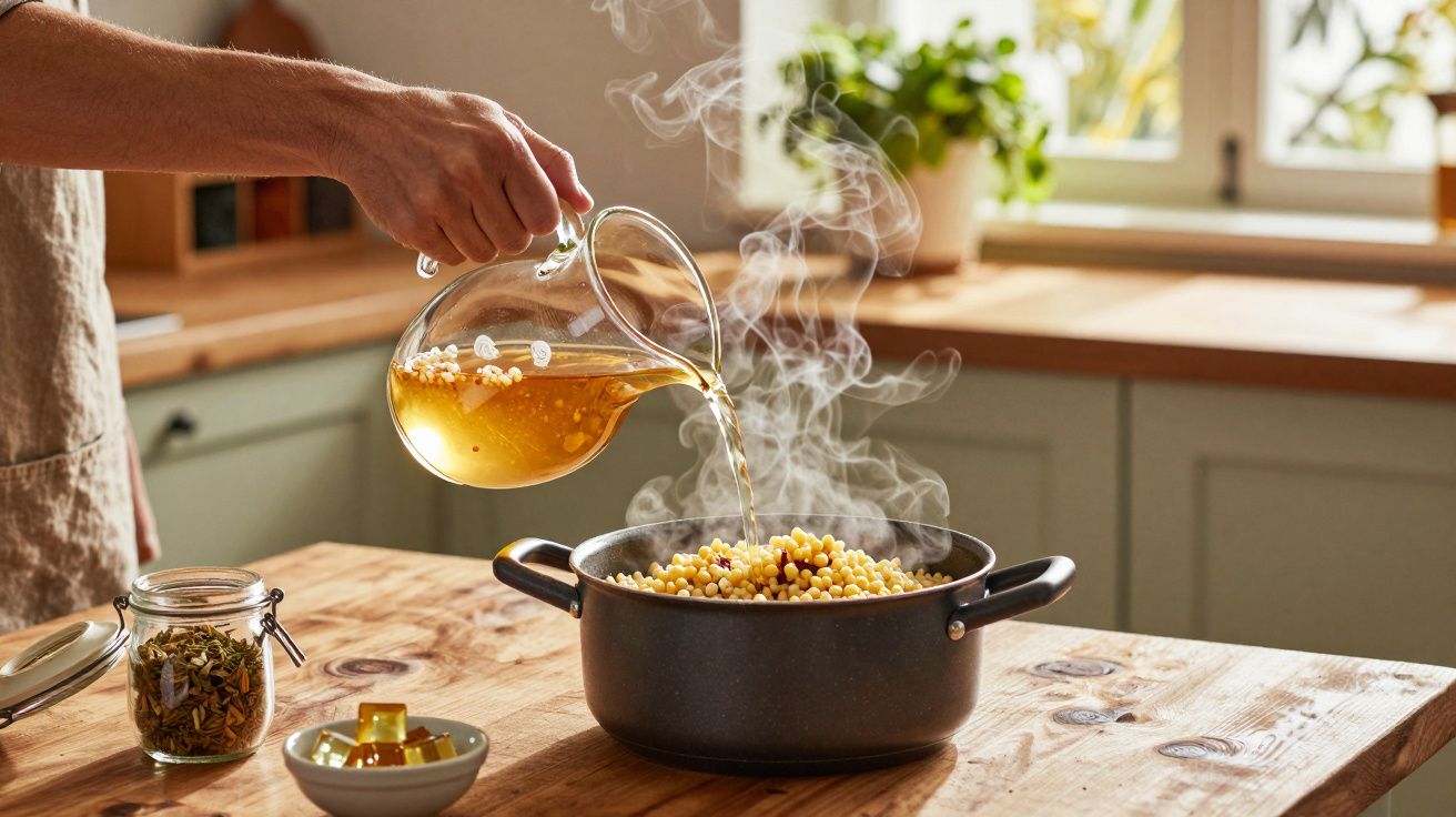 Pessoa a verter líquido quente num tacho com massa, num ambiente de cozinha iluminada e acolhedora.