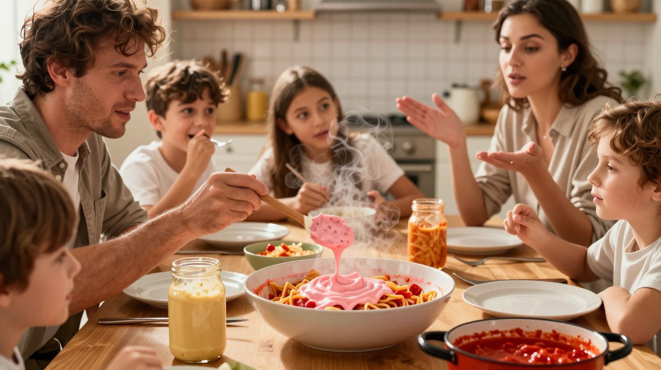 Família reunida à mesa de cozinha servindo massa com molho rosa enquanto conversam animadamente.