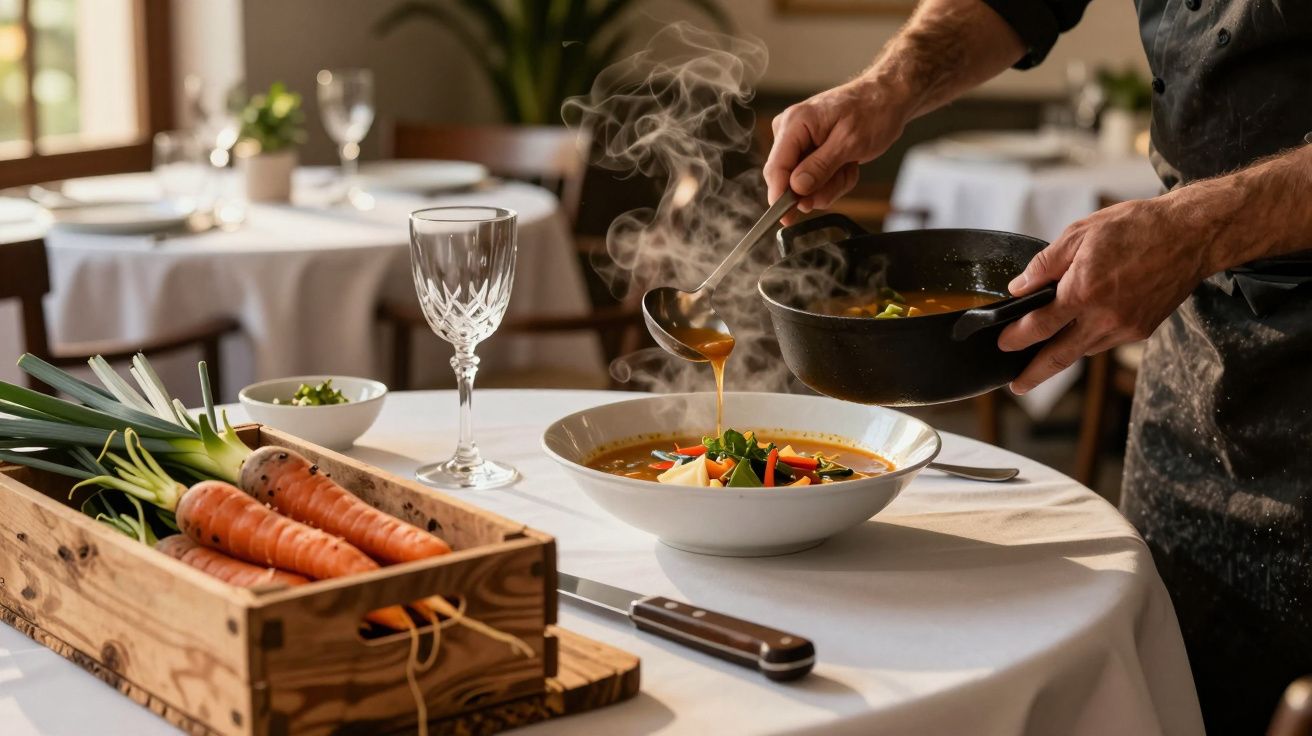 Chef a servir sopa quente num prato branco, com legumes frescos numa caixa de madeira ao lado.