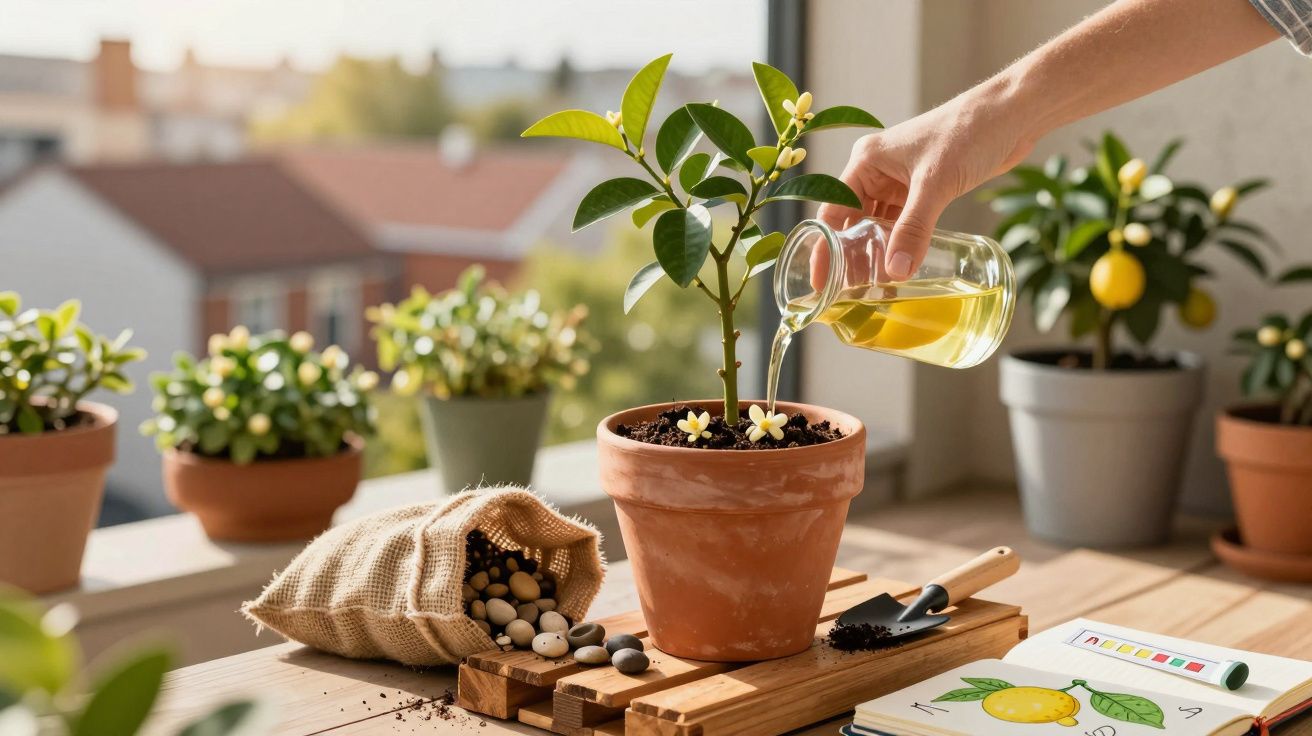 Pessoa a regar uma planta num vaso de barro numa varanda com várias plantas e um saco de pedras.