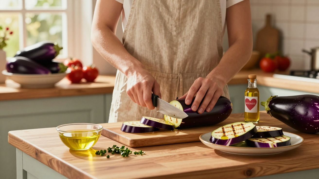 Pessoa a cortar beringelas em rodelas numa cozinha com azeite e ervas frescas sobre a mesa.