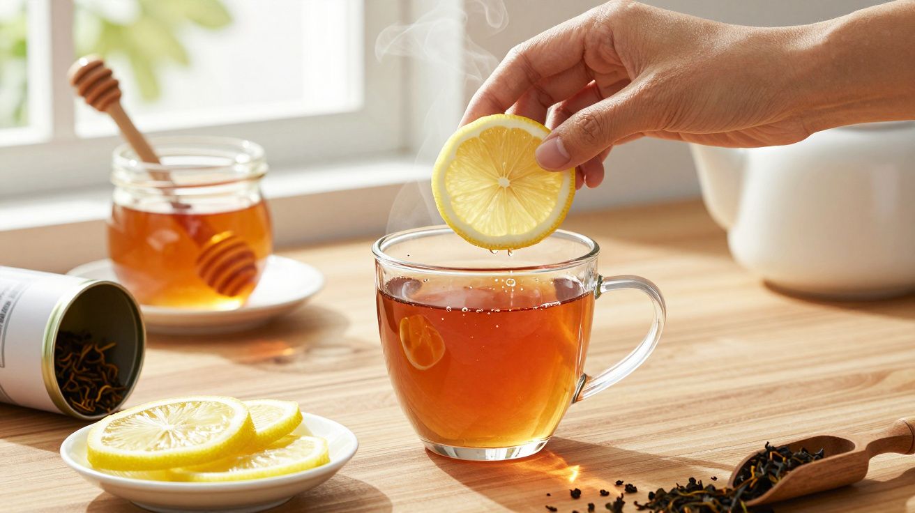 Mão a colocar fatia de limão numa chávena de chá fumegante, com mel, chá solto e fatias de limão na mesa.