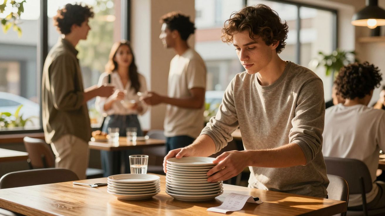 Jovem a empilhar pratos numa mesa de madeira, com grupo de amigos a conversar ao fundo num ambiente iluminado.