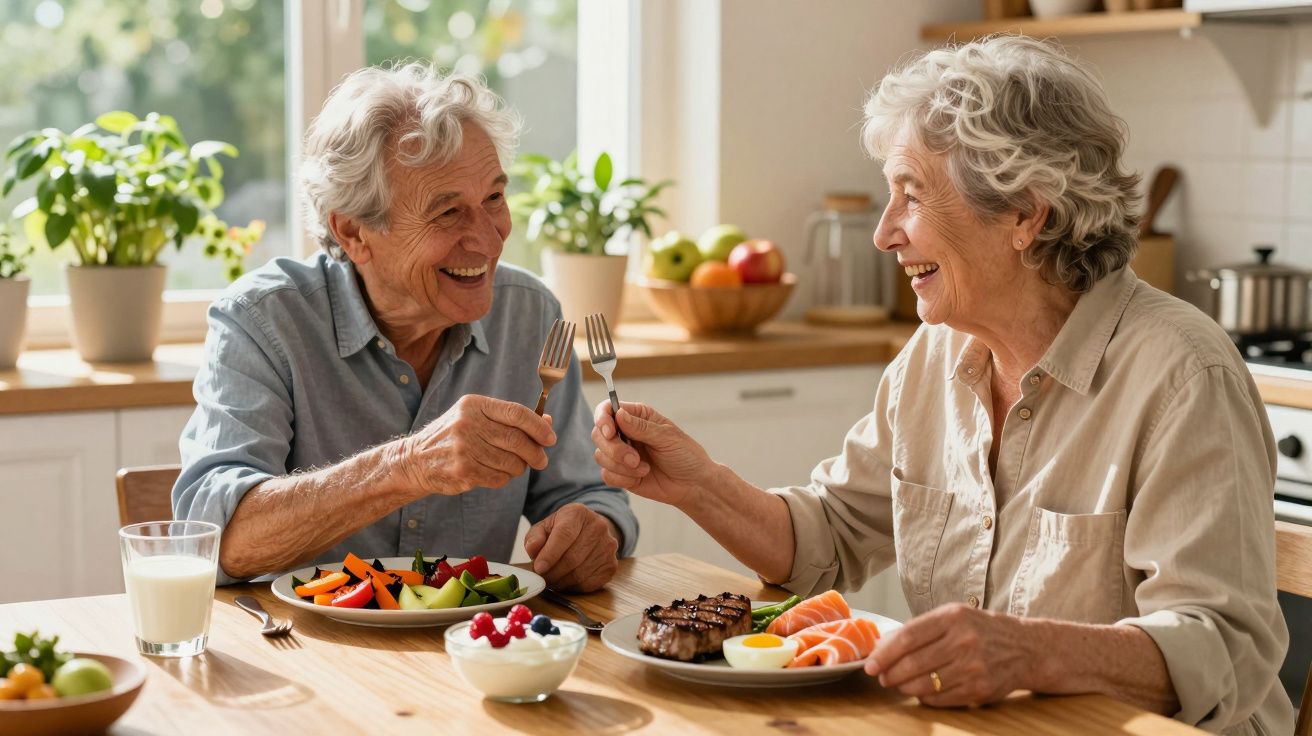 Casal sénior a brindar com garfos durante uma refeição saudável num ambiente de cozinha acolhedor.