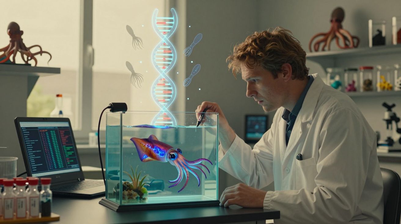 Cientista num laboratório analisa um polvo num aquário com uma hélice de ADN holográfica acima.