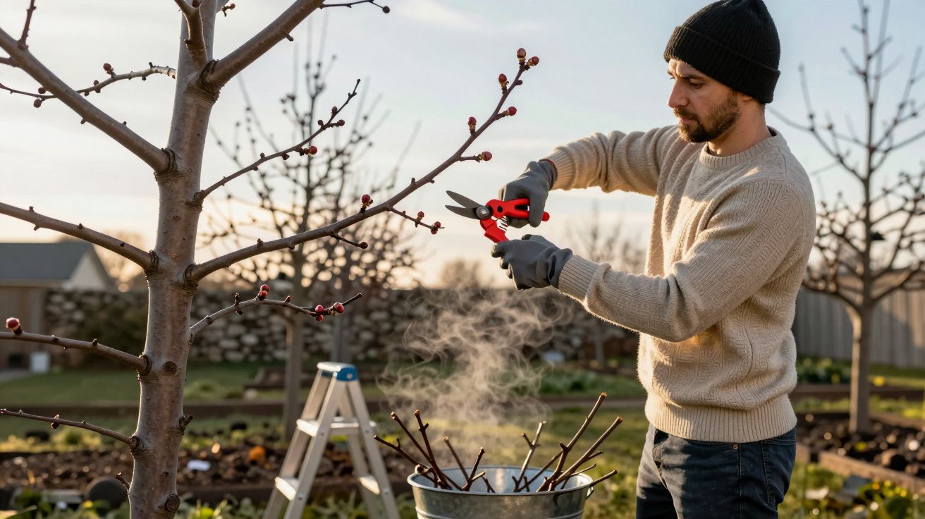 Homem com gorro e luvas a podar ramos de árvore num jardim no final da tarde.