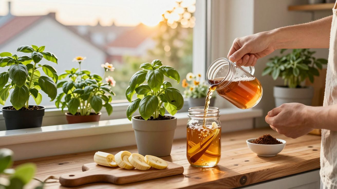 Pessoa a servir chá numa caneca com pau de canela numa cozinha com luz natural e plantas na janela.