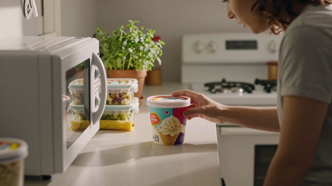 Pessoa a pegar embalagem de gelado numa cozinha com micro-ondas, tupperwares e plantas na bancada.