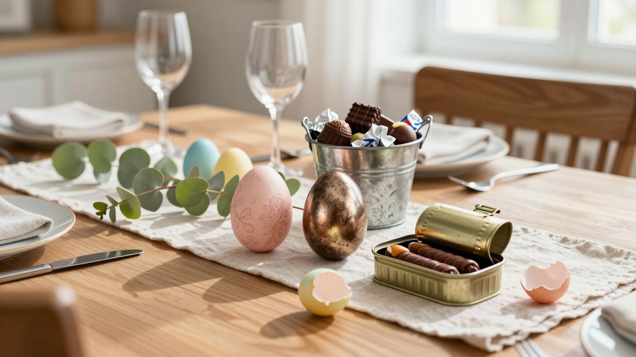Mesa posta com ovos decorativos, chocolates em balde e lata, e raminho verde sobre toalha branca.