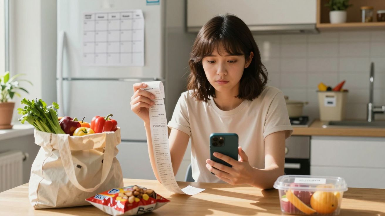Mulher numa cozinha a verificar no telemóvel um talão de compras enquanto segura uma lista comprida.