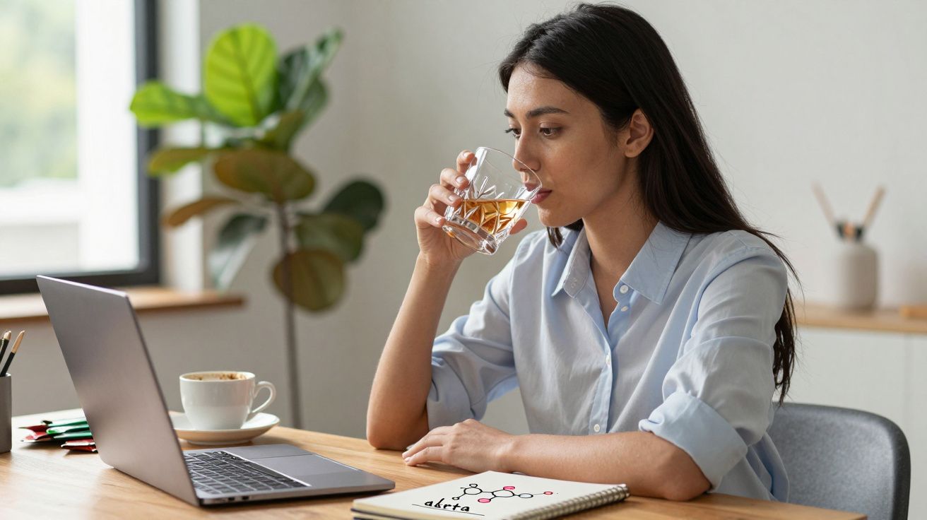 Mulher sentada numa mesa a beber água, a olhar para um computador portátil aberto.
