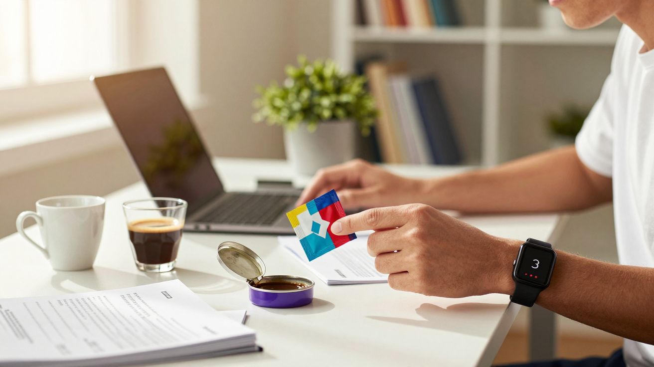 Pessoa a preparar café instantâneo numa mesa de escritório com portátil e documentos.