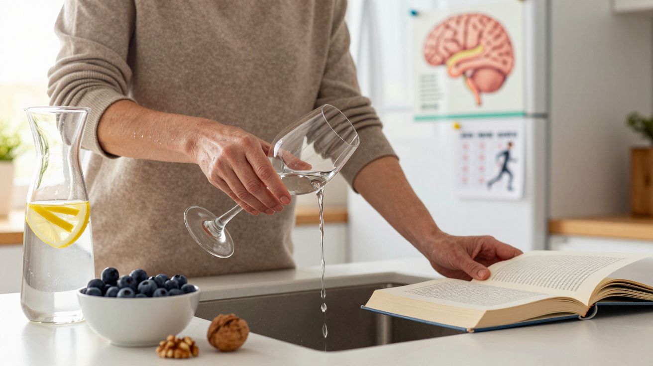 Pessoa a deitar água de copo sobre lava-loiças, com livro aberto e frutos secos na bancada da cozinha.