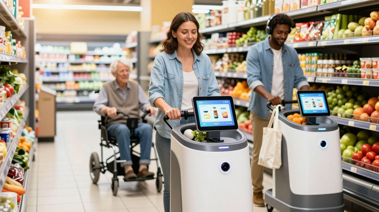 Mulher e homem compram com robôs assistentes enquanto idosa em cadeira de rodas passa no supermercado.