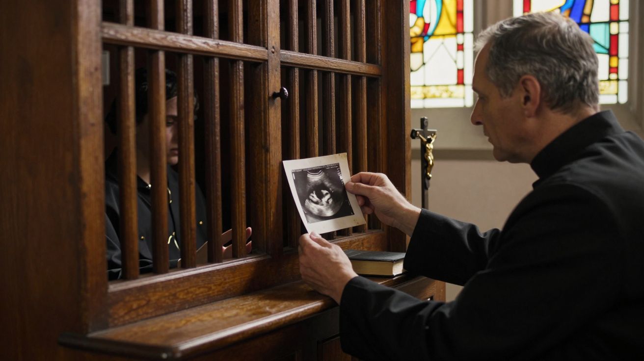 Padre mostra uma ecografia a uma mulher atrás de grades numa sala com vitrais e crucifixo.