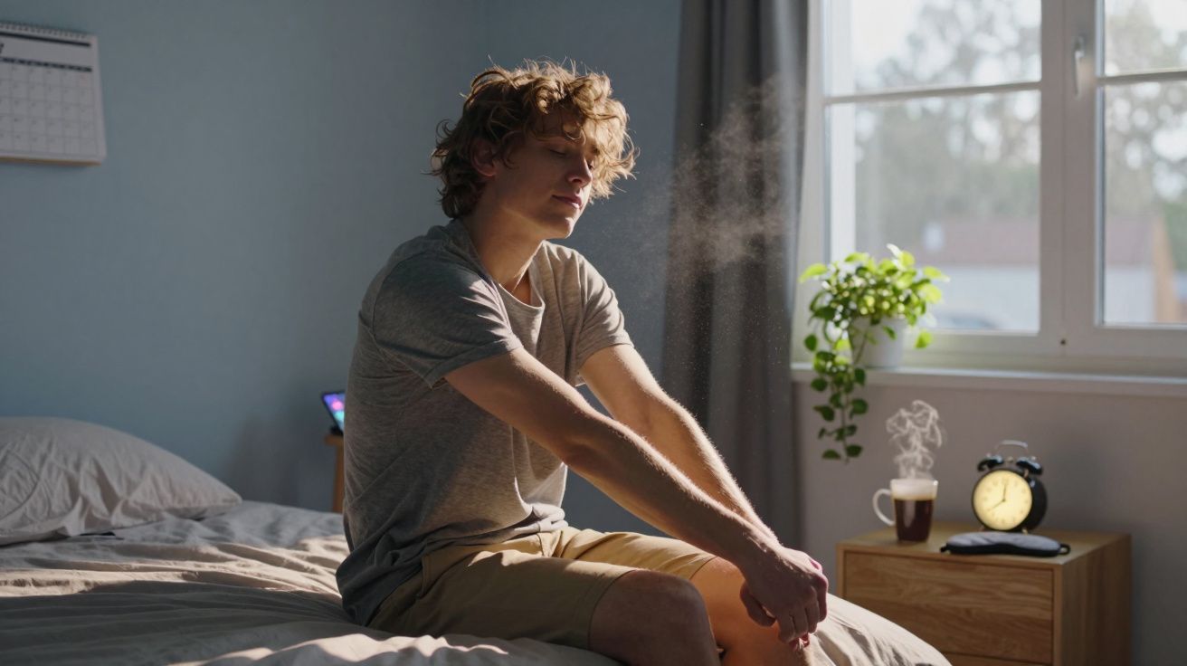 Jovem sentado na cama pela manhã, espreguiçando-se com vapor visível no ar ao sol entrar pela janela.