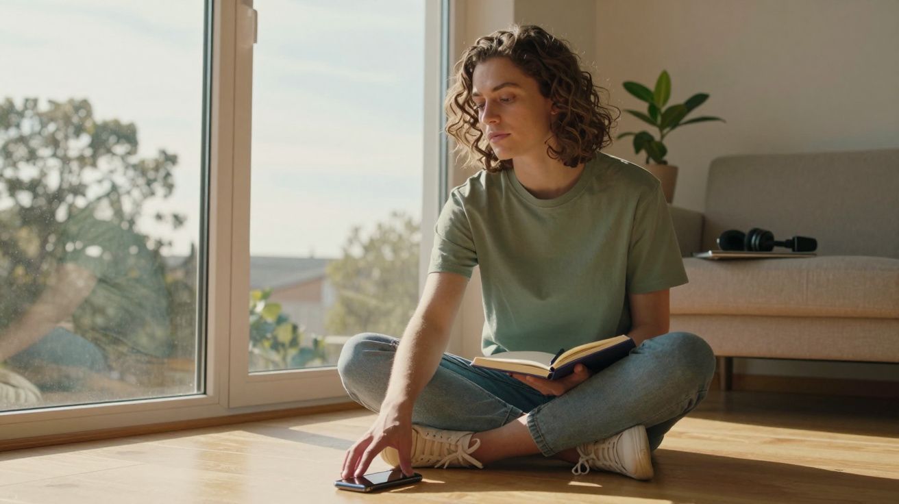 Pessoa sentada no chão junto à janela a ler um livro e a mexer no telemóvel numa sala iluminada pelo sol.