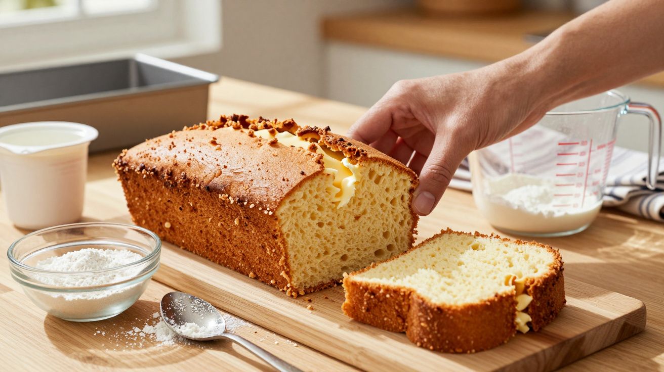 Pão de forma caseiro com manteiga cortado em fatias sobre tábua de madeira numa cozinha luminosa.