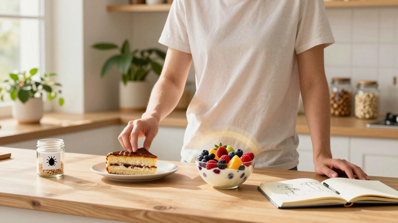 Pessoa a pegar fatia de bolo numa bancada de cozinha com taça de frutos vermelhos e caderno aberto.