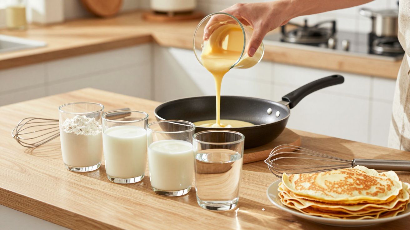Pessoa a verter massa para panquecas numa frigideira, com ingredientes e panquecas prontas na bancada da cozinha.