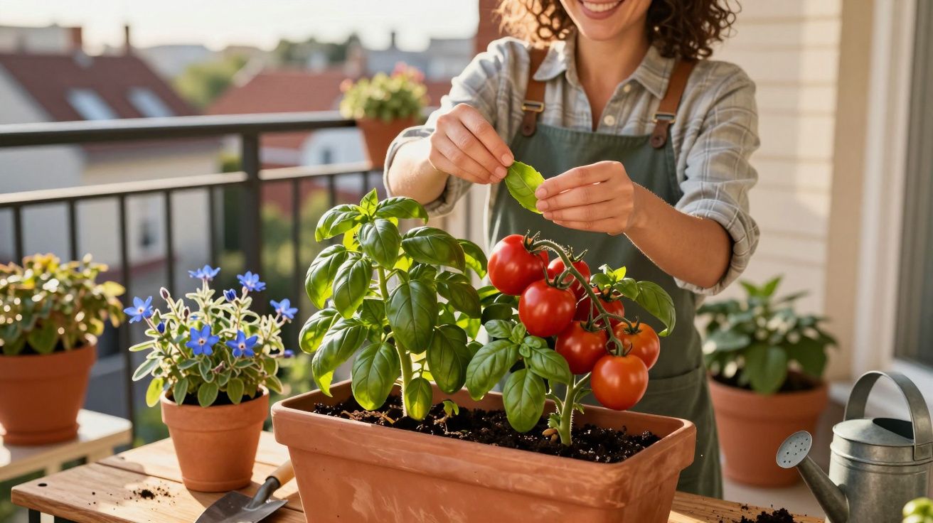 Mulher a cuidar de plantas com tomateiros e manjericão num vaso numa varanda ensolarada.
