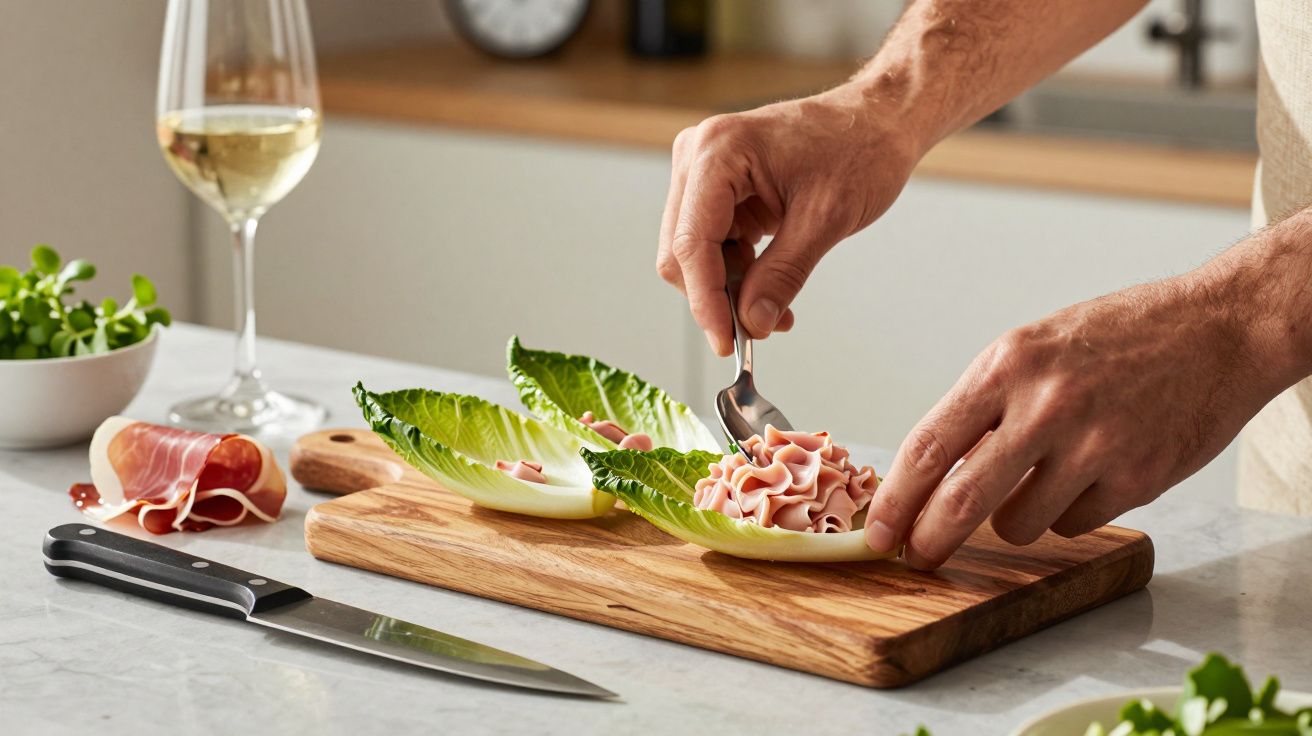 Mãos a dispor creme rosa em folhas de alface numa tábua de madeira, com faca e copo de vinho branco.