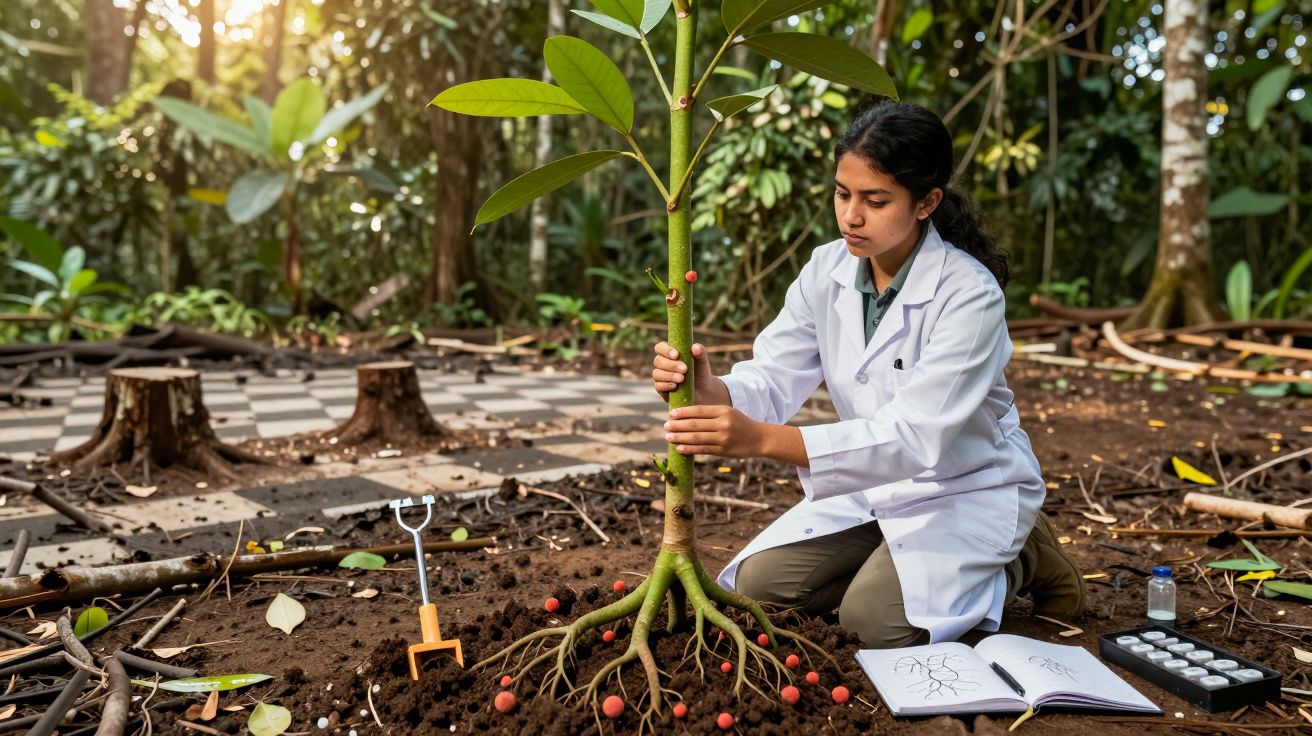 Mulher científica em bata branca analisa planta com raízes expostas num ambiente de floresta.