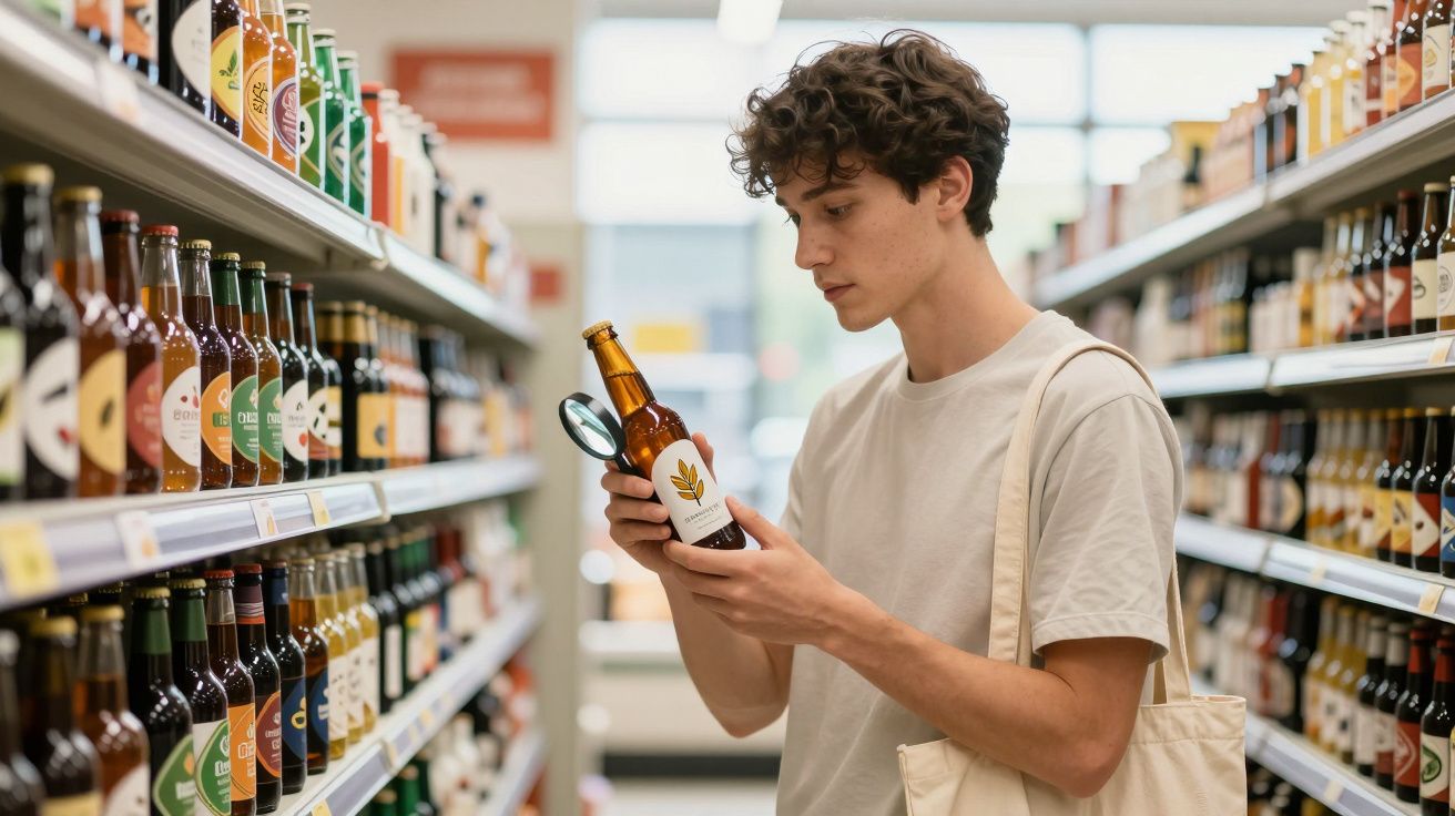 Jovem com camisa branca usa lupa para ler rótulo de garrafa enquanto faz compras numa prateleira de bebidas.