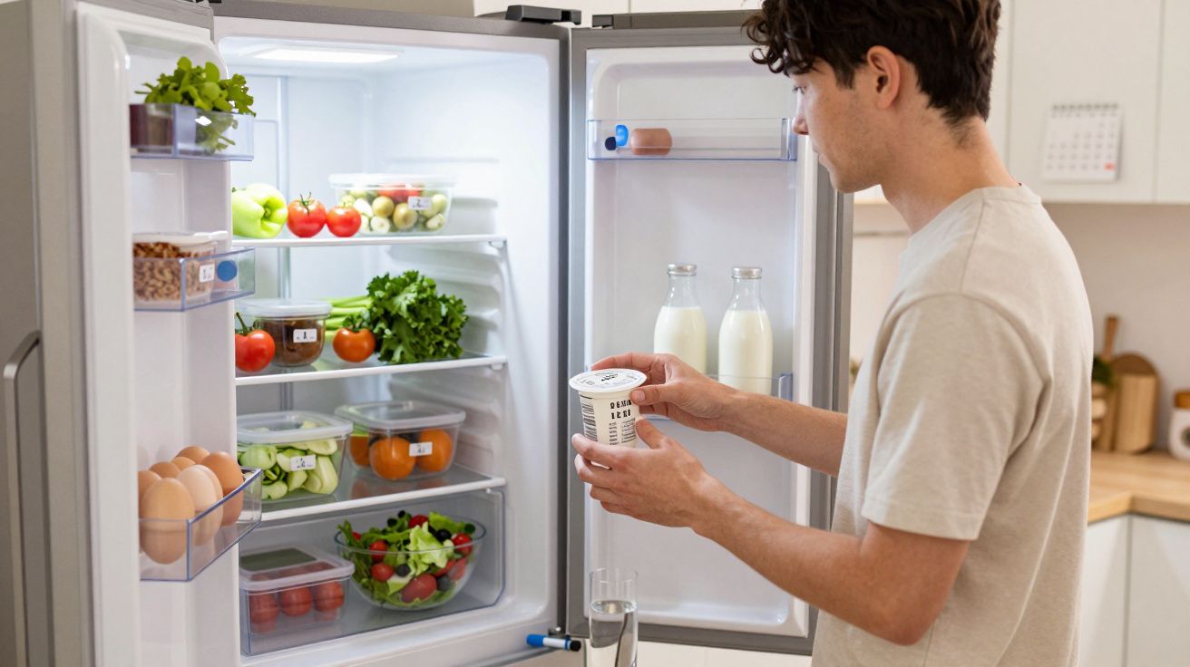 Homem a retirar iogurte do frigorífico aberto cheio de frutas, legumes e bebidas numa cozinha moderna.