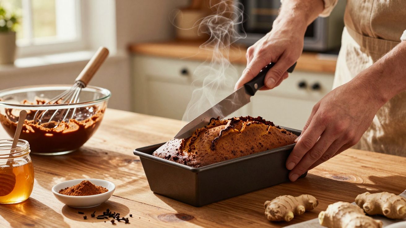 Pessoa a cortar bolo acabado de sair do forno numa cozinha com ingredientes de chocolate e gengibre.
