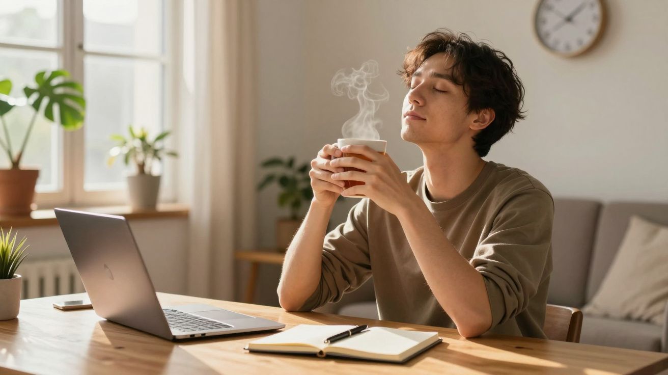 Jovem sentado à mesa com portátil, notebook e caneca quente, desfrutando o aroma da bebida.